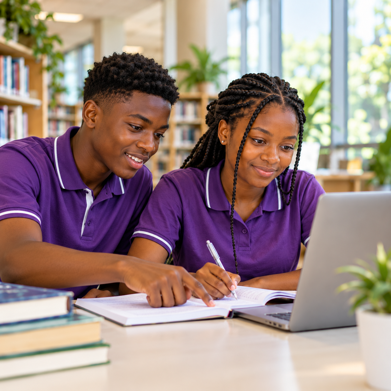A boy and girl in purple shirts studying together with a notebook and laptop in a bright library